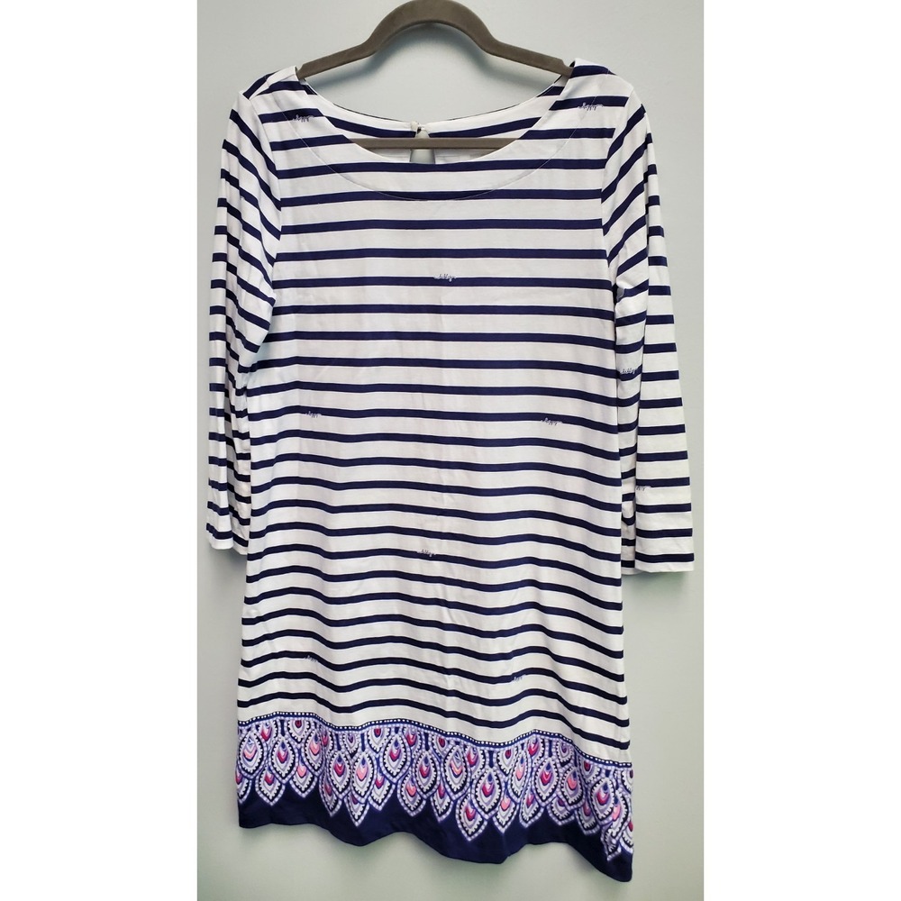 Lilly Pulitzer‎ Navy & White Beacon Serene Stripe Peacock Shift Dress Sz Large